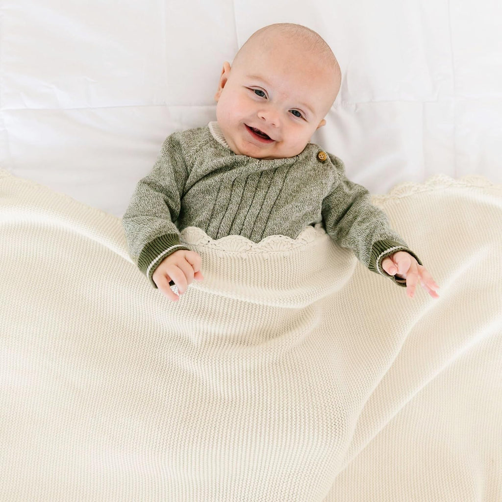 Scalloped Knit Baby Blanket - GOTS Certified Organic Cotton, Swaddle, Receiving & Stroller Blanket for Newborn Infant