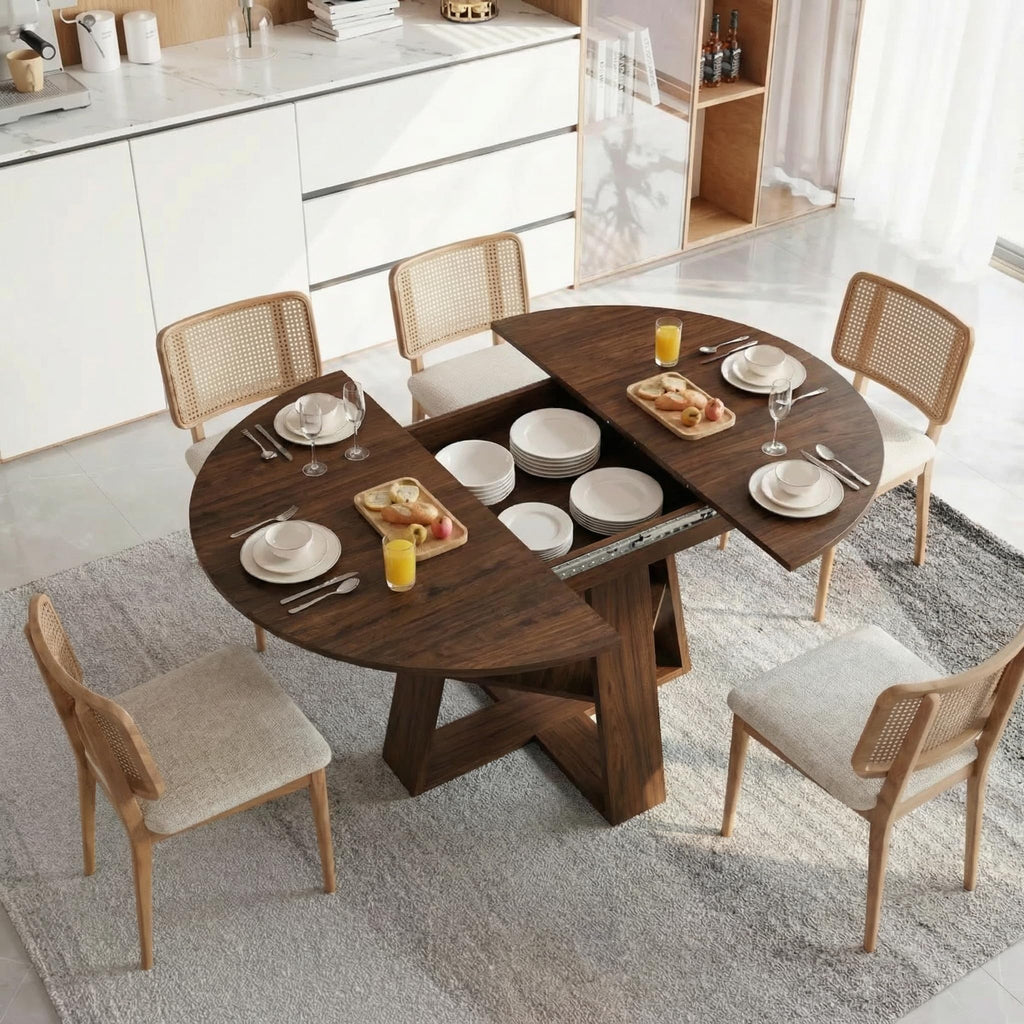 Round Extendable Dining Table Set for 6, 43"-59" Walnut Expandable Kitchen Table with 6 Blue Velvet Tufted Chairs