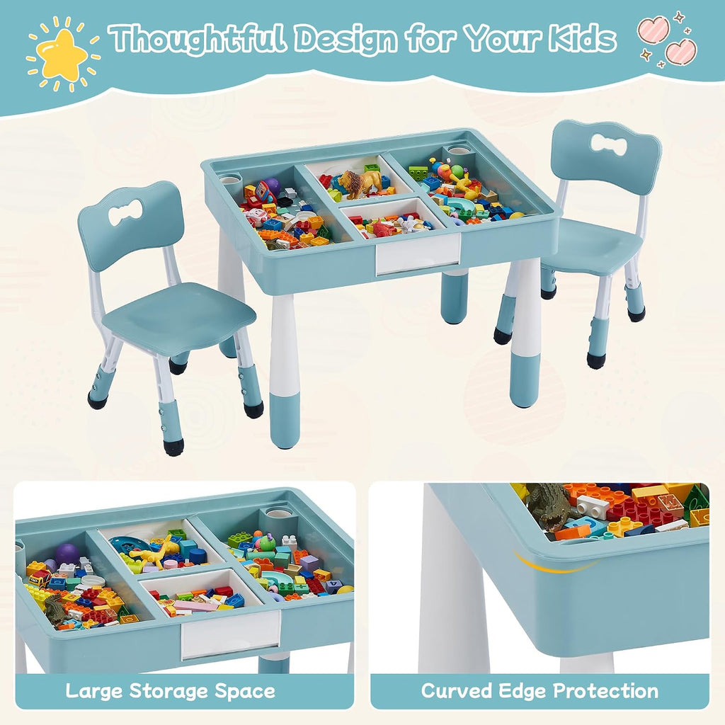 4 in 1 Kids Table and 2 Chairs Set, Toddler Table and Chair Set for Kids Ages 3-10, Activity Tables for Building