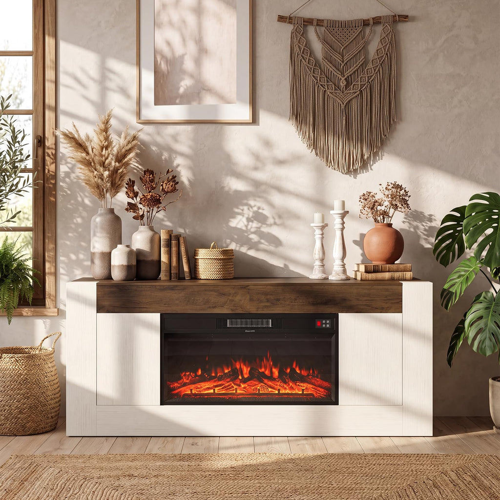 Modern 70 inch TV Stand with Electric Fireplace and Storage, White
