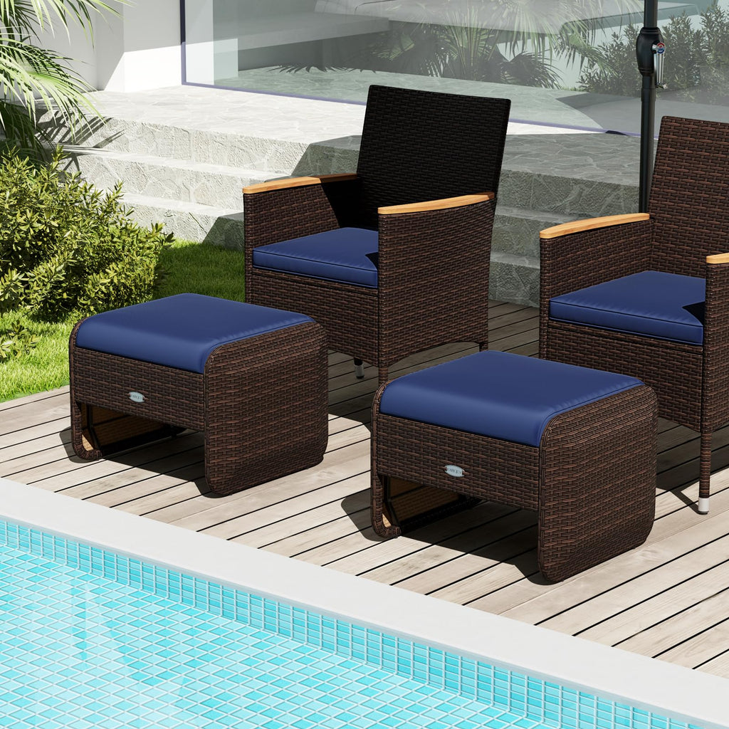 Wicker Outdoor Ottomans - 2-Piece Rattan Footstools w/Removable Cushions, 3-in-1 Multipurpose Footrest, Additional