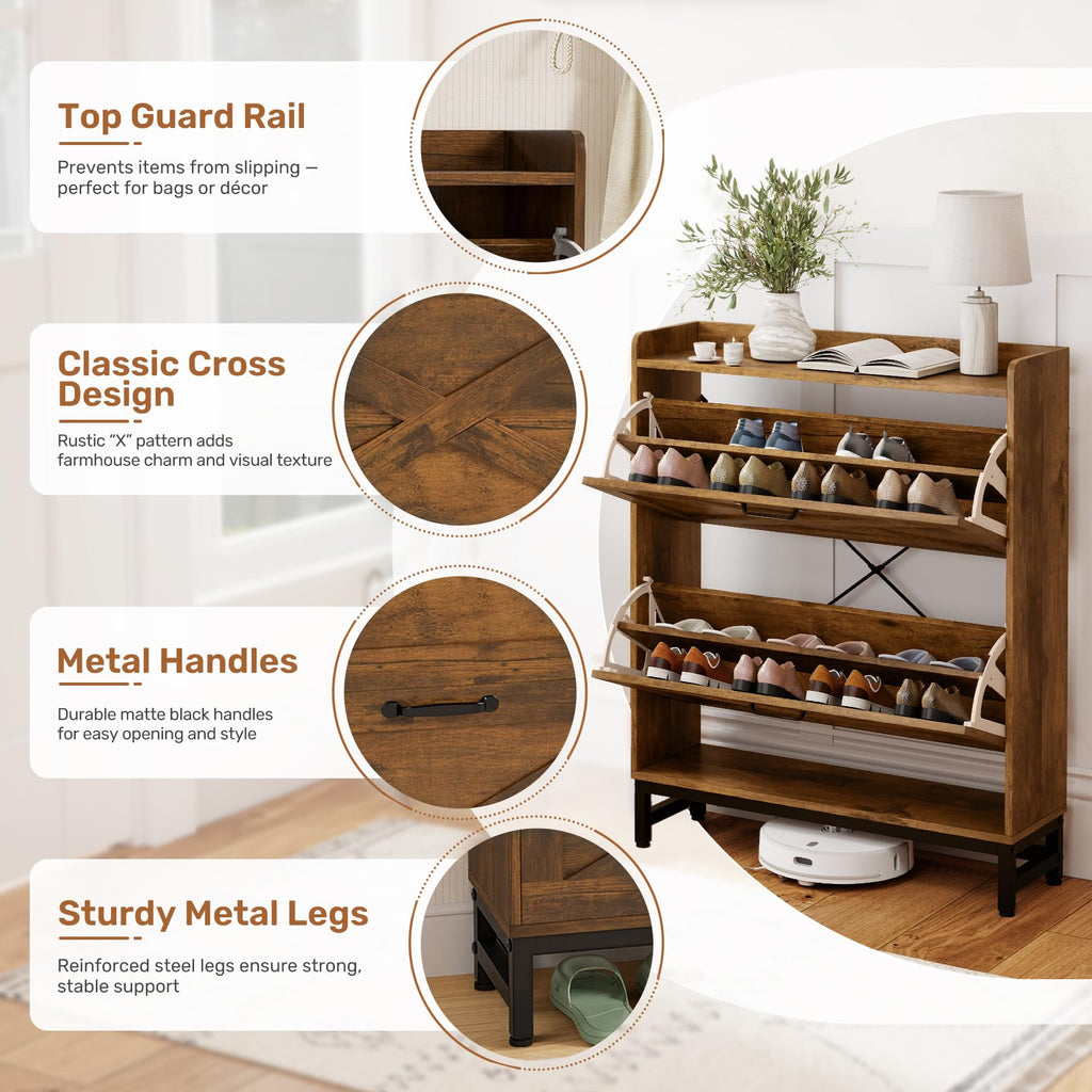 Rustic Farmhouse Shoe Cabinet with 2 Flip Drawers, Narrow Entryway Shoe Storage Organizer for 12-16 Pairs