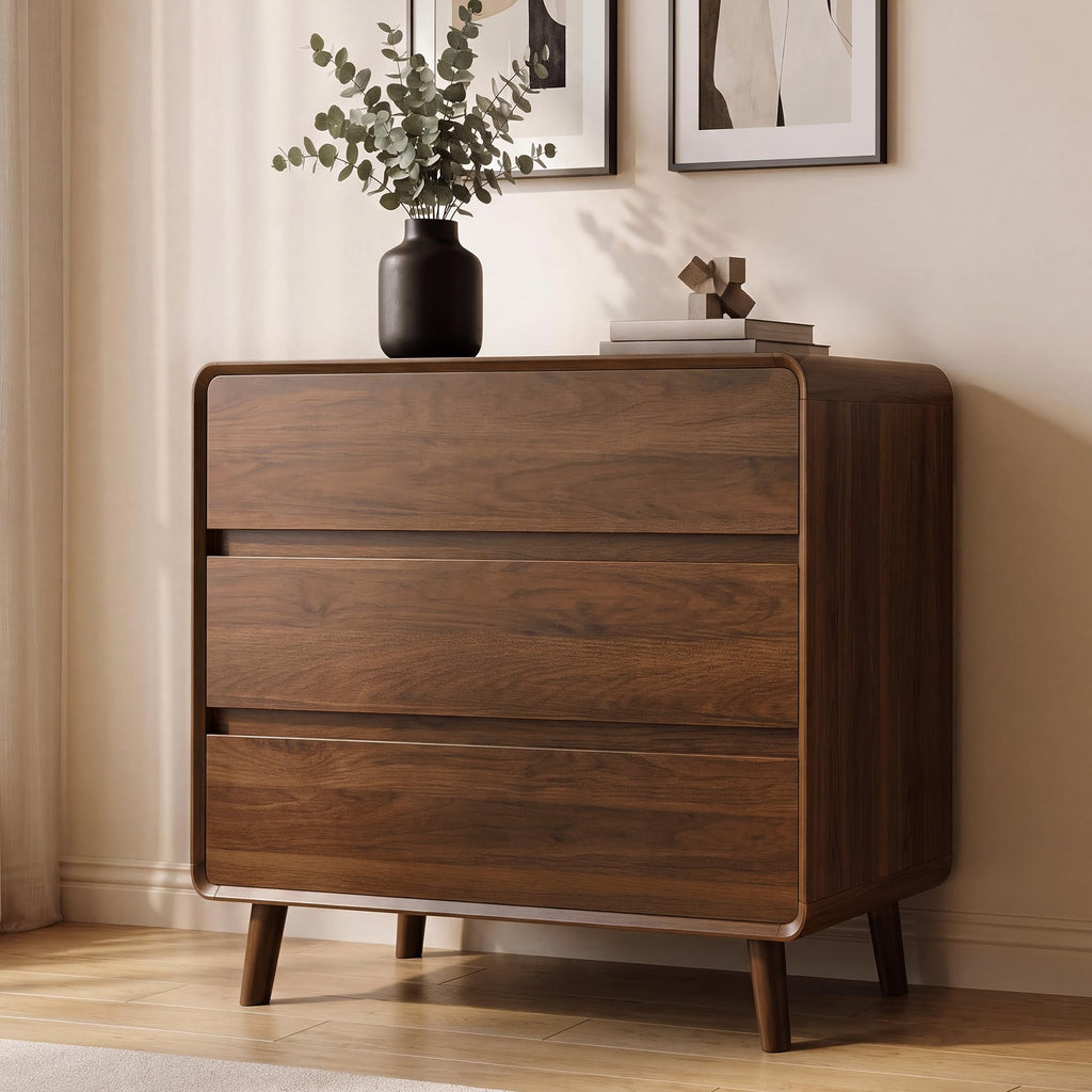 3 Drawer Dresser, Mid Century Modern Chest of Drawers, Curved Dresser with Storage Drawer, Wooden Bedroom Furniture
