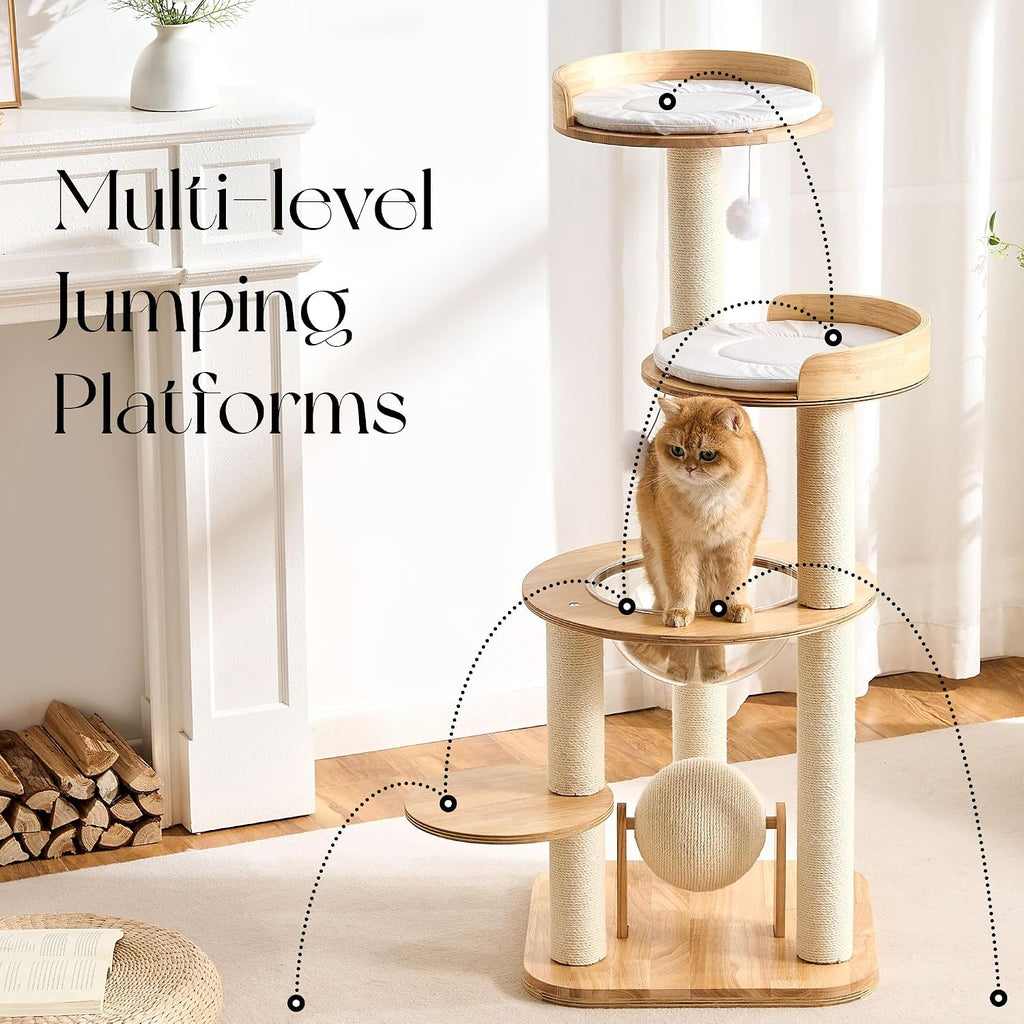 Modern Solid Wood Cat Tree Tower, 49" Tall Cat Tree with Sisal Scratching Posts for Adult Cats, Luxury Natural Oak