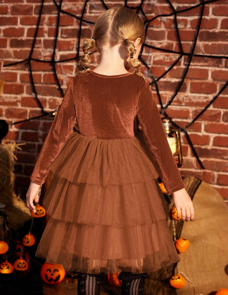 Toddler Velvet Dress Tiered Tulle Fall Party Long Sleeve Dresses
