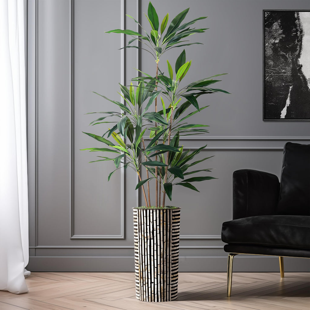 Tree in Black and Brown Striped Planter, Fake Dracaena Tree Silk Tree for Indoor and Outdoor Home Decoration - 66"