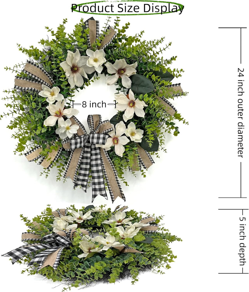 24 Inch Artificial Magnolia Wreath for Front Door - Farmhouse Boxwood Greenery Wreath with Buffalo Plaid Bow