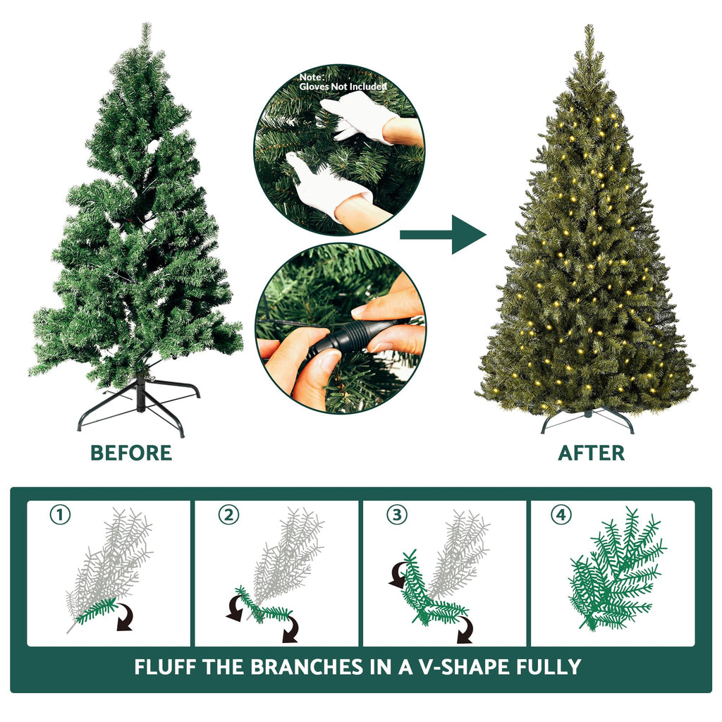 6ft Pre-Lit Christmas Tree, Green Artificial Full Spruce Christmas Tree, Party Decoration w/ 970 Branch Tips, 250
