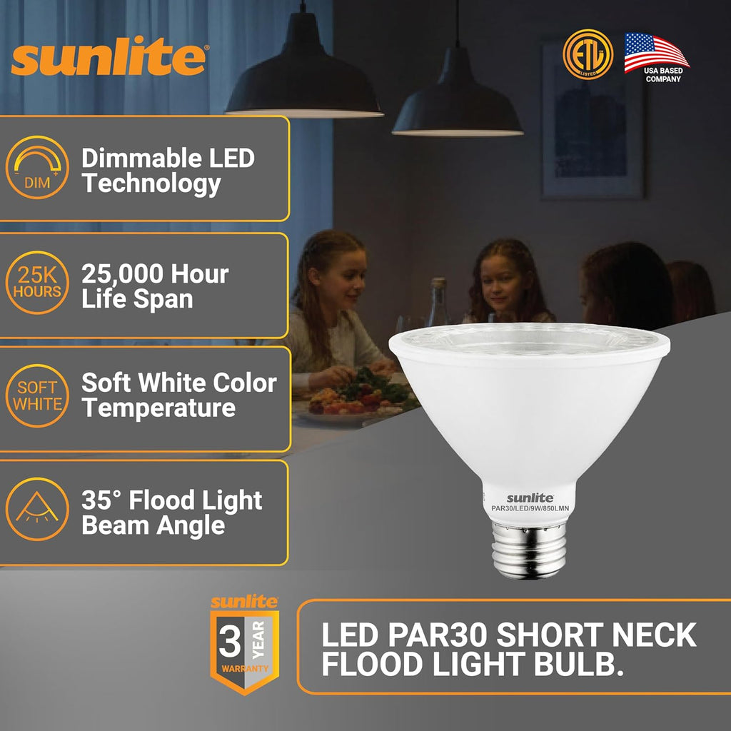 LED PAR30 Short Neck Flood Light Bulb, 9 Watt, (75W Equivalent), 850 Lumens, Medium Screw (E26) Base, Dimmable, ETL