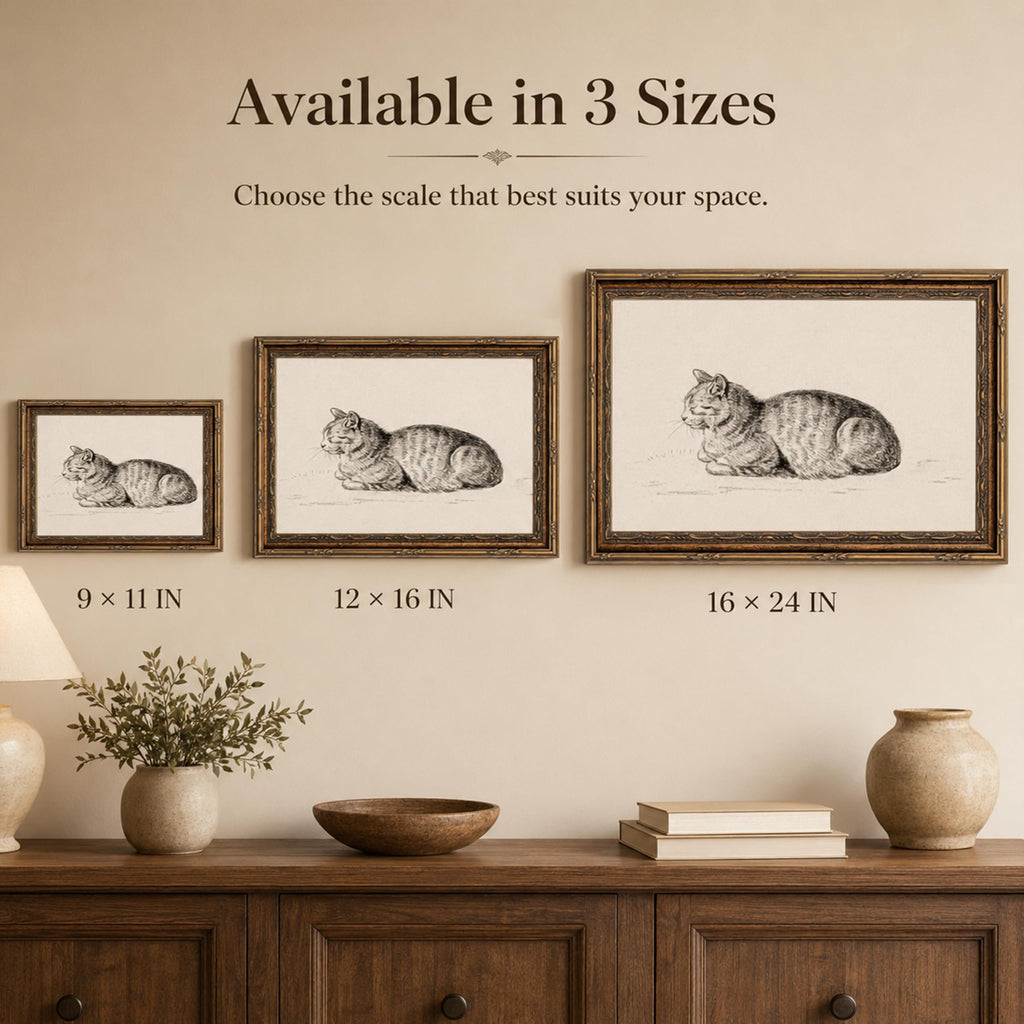 Vintage Gold Framed Cat Sketch Canvas Wall Art 16x24 Inch