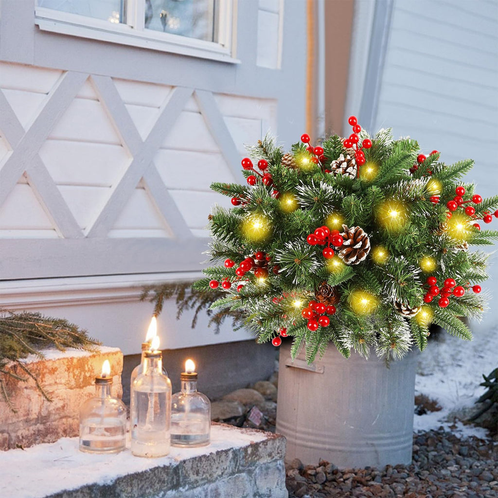 2 Pack Pre-lit Christmas Tree Urn Filler, Lighted Artificial Xmas Pine Trees with Tripod Stake, 8 Modes & Timer