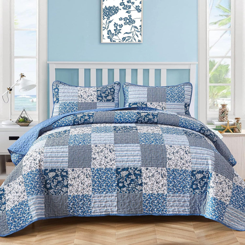 Blue Quilt Set California King, 3 Pieces Plaid Floral Bedspread Set Patchwork Reversible Bedding Set Microfiber