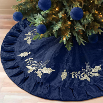 Christmas Tree Skirt, 48 Inches, Gold Embroidered Holly Style, Navy Blue