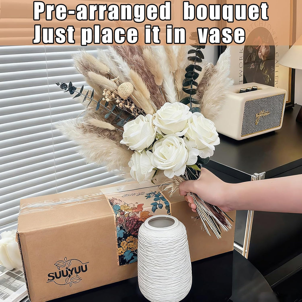 Dried Pampas Grass with Vase, Includes Artificial Silk Roses, Boho Natural Dried Flowers for Coffee Table - Set of 100