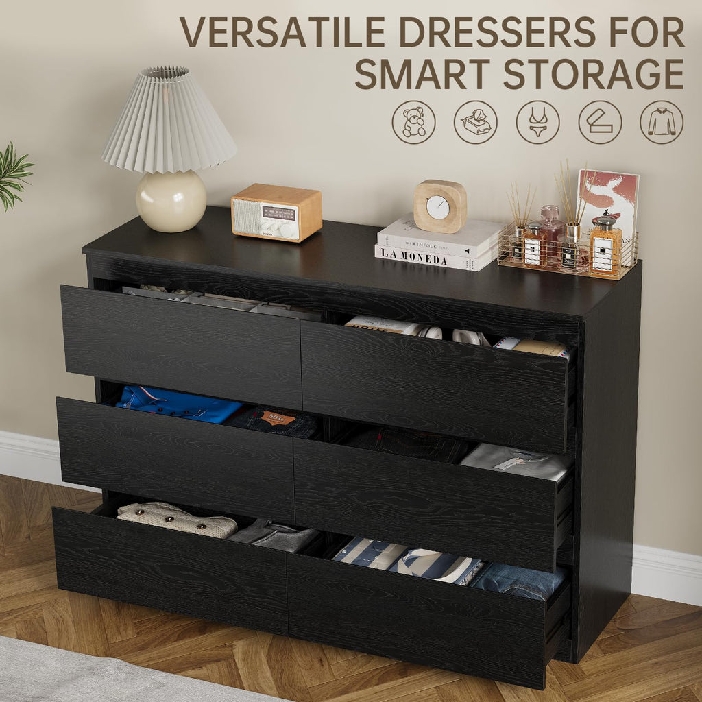 Black Wood Dresser 6 Drawer, 47" Wide Clothes Chest