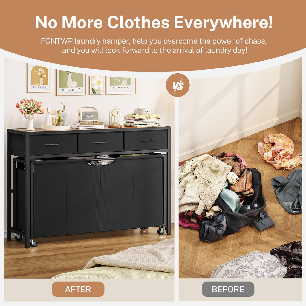 Sorter, Rolling Laundry Hamper with 4 Section Pull-Out Bags, 300L Large Laundry Basket Organizer with 3 Drawers