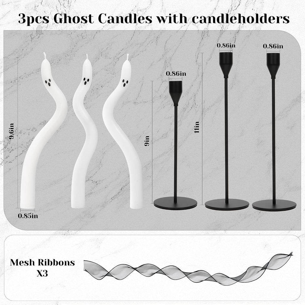 Halloween Decorations indoor- Twisting Ghost Candles Decor with Candle Holders,Ribbons,Vintage Candlestick - Set of 3