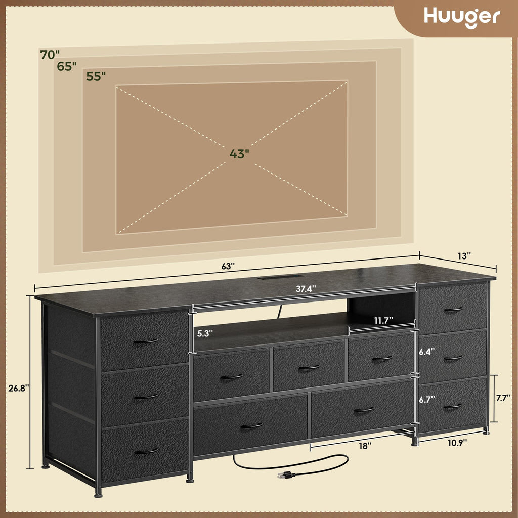 63 Inch TV Stand for 65, 70 Inch TV, 11 Drawer Long Dresser with Power Outlets and LED Lights, Entertainment Center