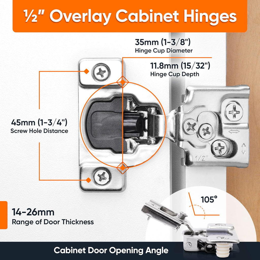 50 Pack Soft Close Cabinet Hinges - 1/2" Overlay Doors, Slow Self-Closing Concealed Hidden Hinges for Face Frame