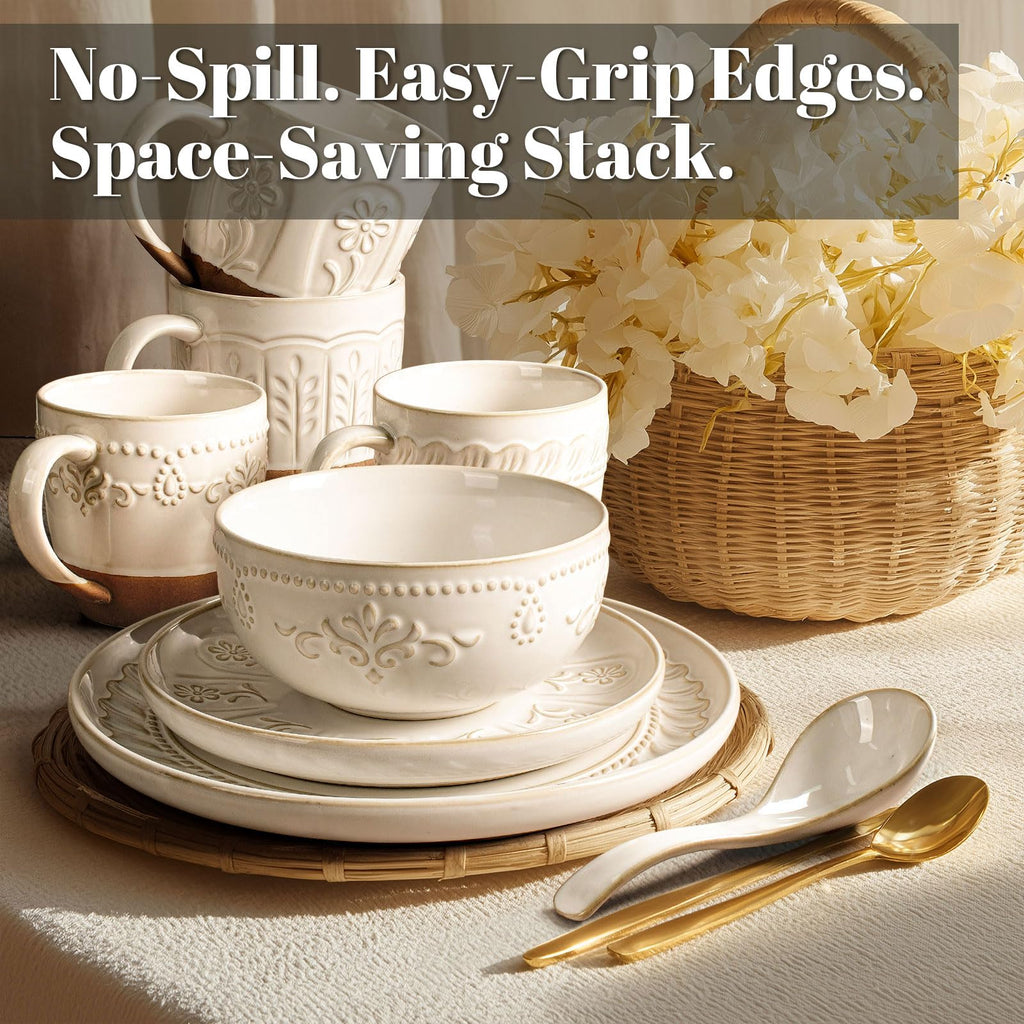 Plates And Bowls Sets, 24 Pieces Dinnerware Sets, Dish Set For 6, Ceramic Kitchen Bowl And Plate Set, Embossed White