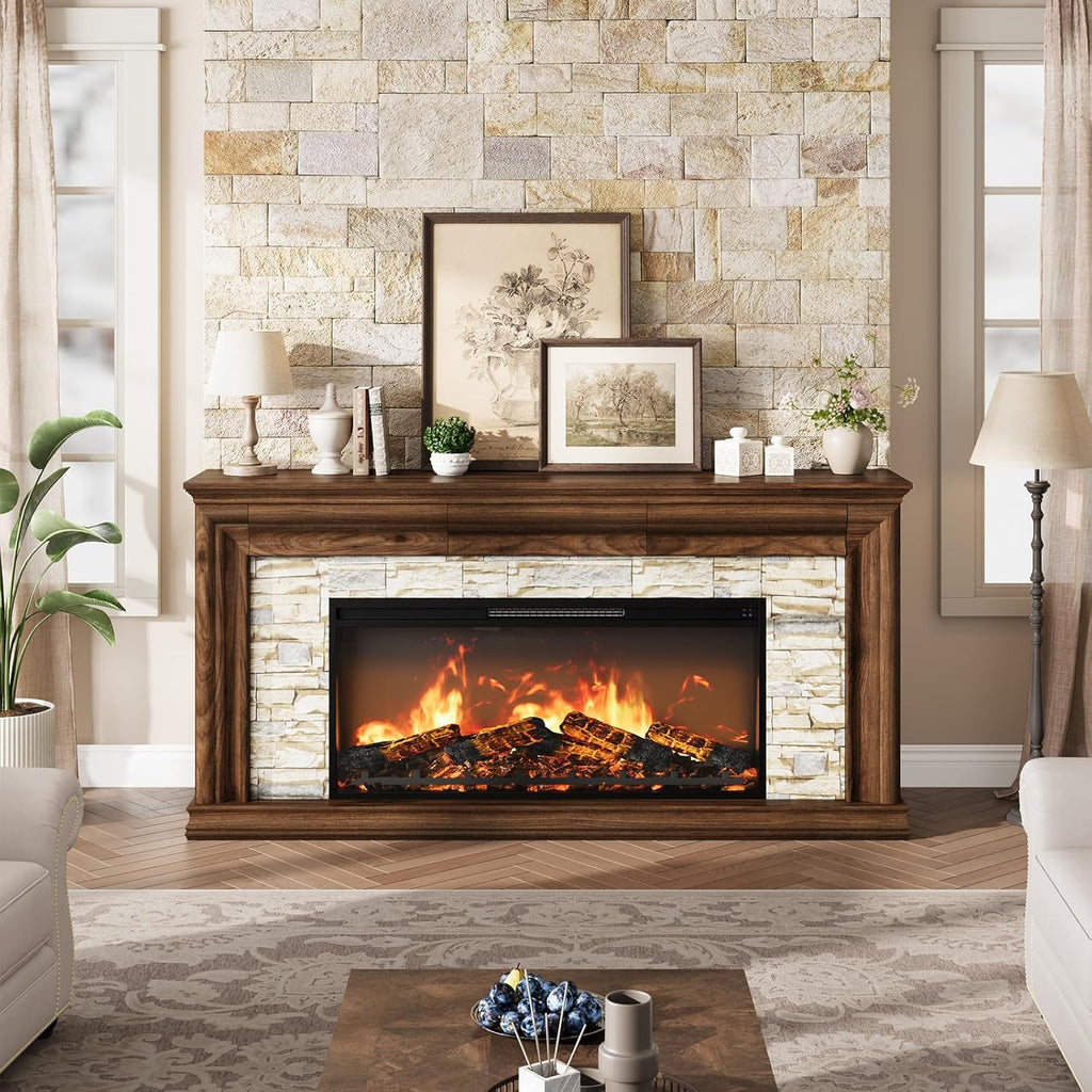 QUW 70" Fireplace TV Stand Up to 80" TVs, 42" Modern Electric Fireplace with Mantel