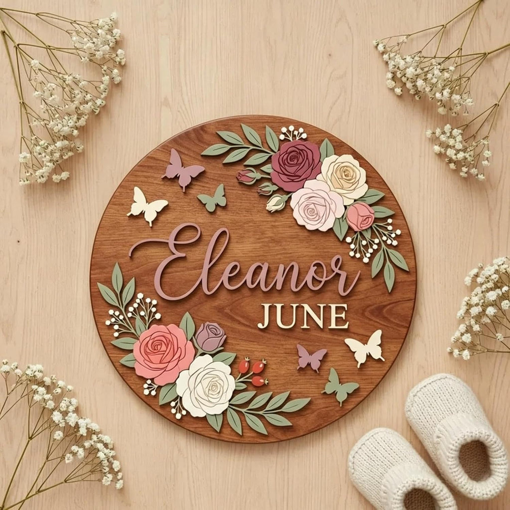 Personalized Wooden Name Sign, Custom Floral Round Wall Decor, Rustic Wooden Name Plaque, Nursery Room Decor