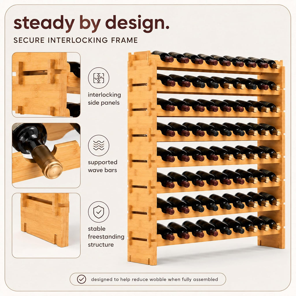 72 Bottle Wine Rack Stackable Bamboo Freestanding, 8-Tier Modular Shelf, Sturdy Wobble Free, Upgraded 2026 Design