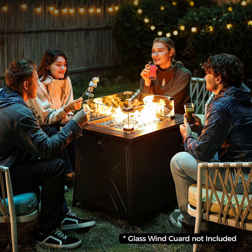 Gas FirePit Table | 28 inch 50,000 BTU Square Outdoor Propane Fire Pit Table with Lid and Blue Fire Glass