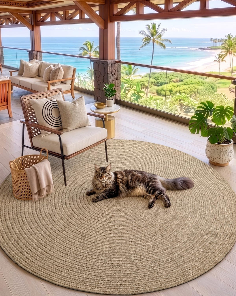 Round Woven Jute Rug 5x5, Indoor Outdoor Area Rugs , Beige | Natural Fiber Handmade Braided Low Pile 5ft Carpet Mat