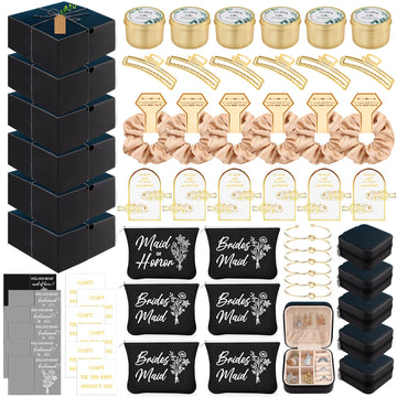 73Pcs Bridesmaid Gifts Set of 6 Black, Maid of Honor Proposal Gift Boxes Set, Cosmetic Bag Scented Candle Jewelry Box