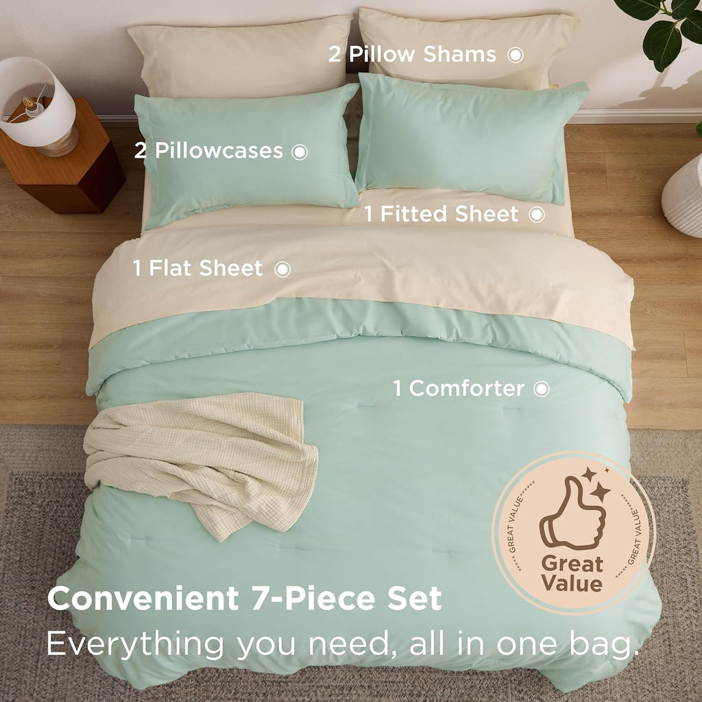 Full Comforter Set - 7 Pieces Sage Green Full Bedding Set for All Seasons