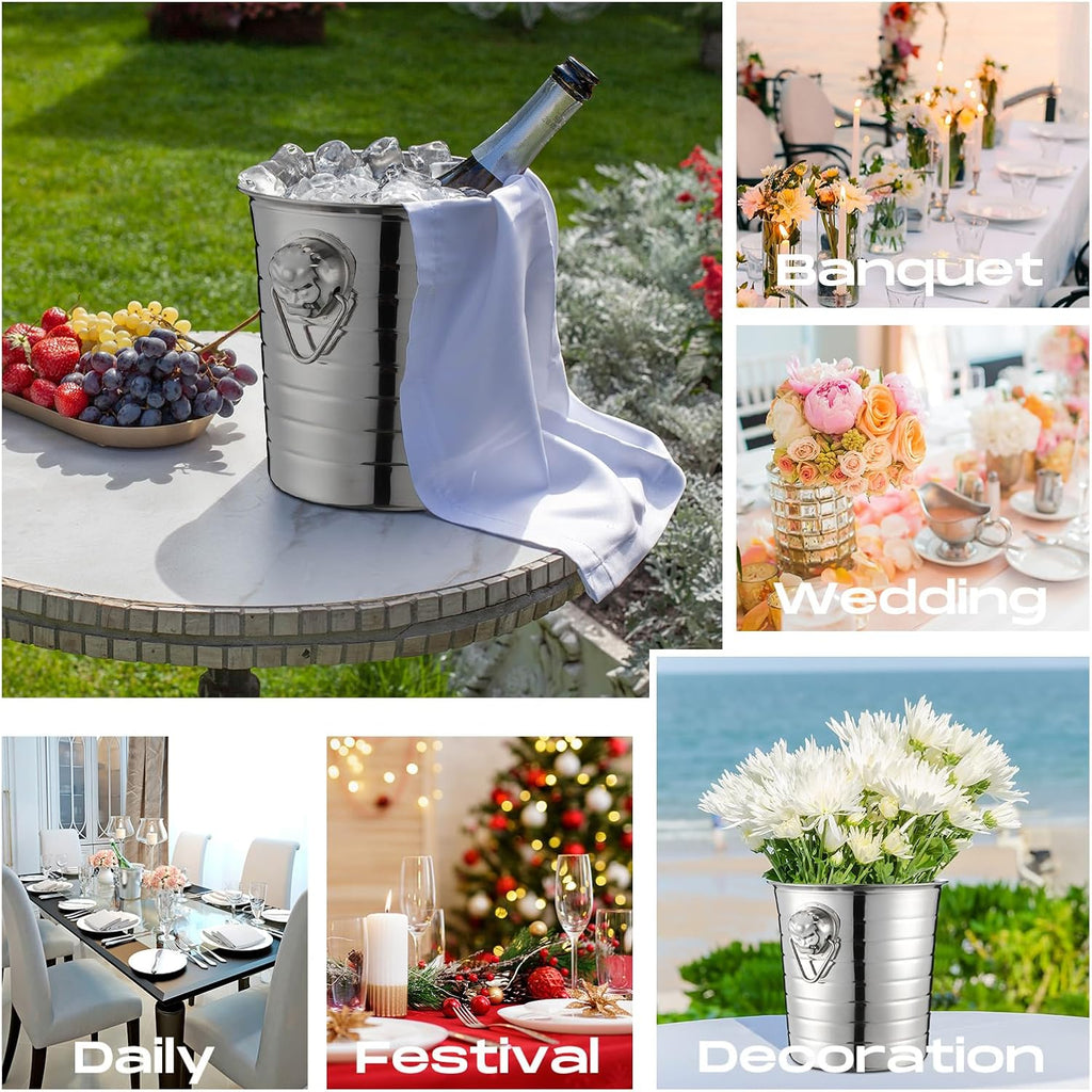 Stainless Steel Champagne Bucket 3 Qt Metal Ice Bucket Double Wall Wine Buckets with Handles Party Beverage - Set of 6