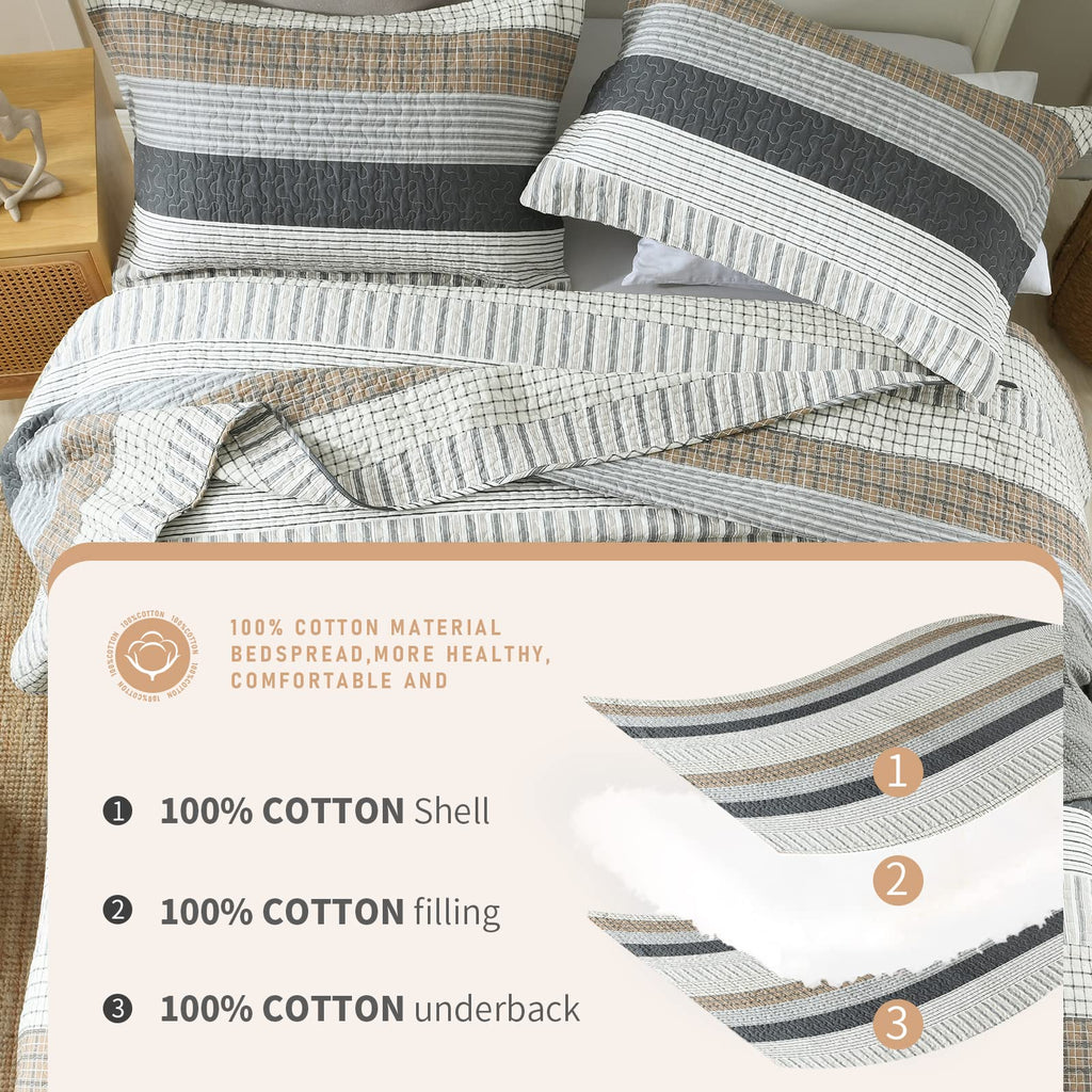 100% Cotton Modern Farmhouse Quilt Set, Neutral, Gray