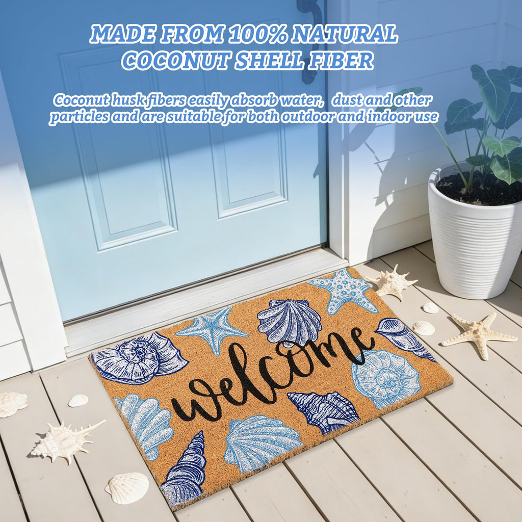 Seashell Beach Doormat Natural Coir Welcome Floor Mat Blue White Coastal Starfish Conch Non-Slip Entrance Door Rug