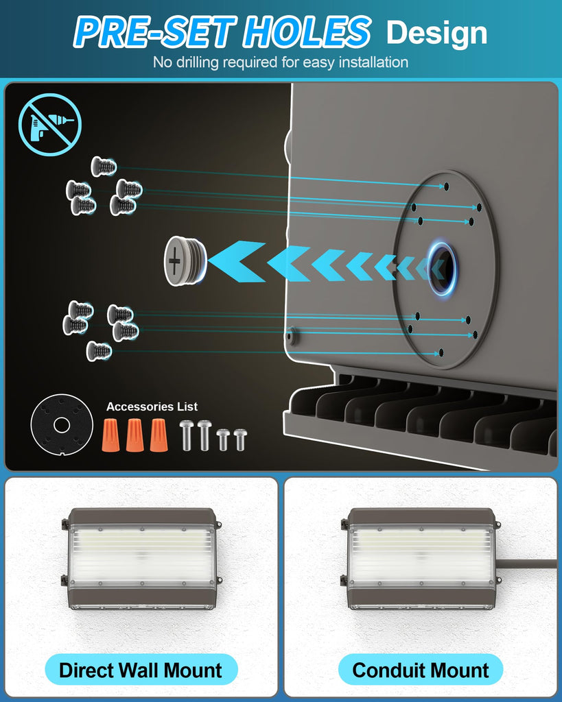 Full & Semi Cutoff LED Wall Pack Light, Selectable 150W/120W/100W & 3000K/4000K/5000K & Timed Dimming & Photocell