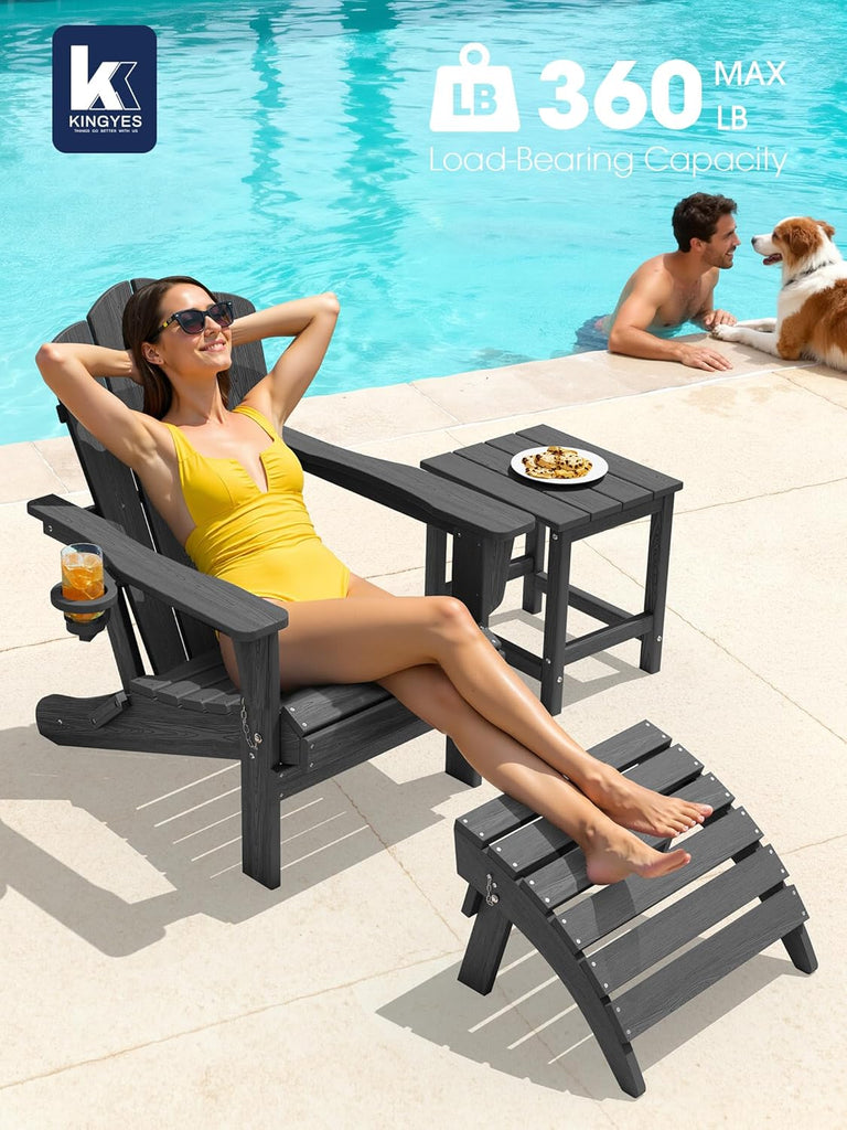 Folding Adirondack Chair with Cup Holder, Grey | HDPE All-Weather Patio Chairs, Wooden Textured Lawn Chair for