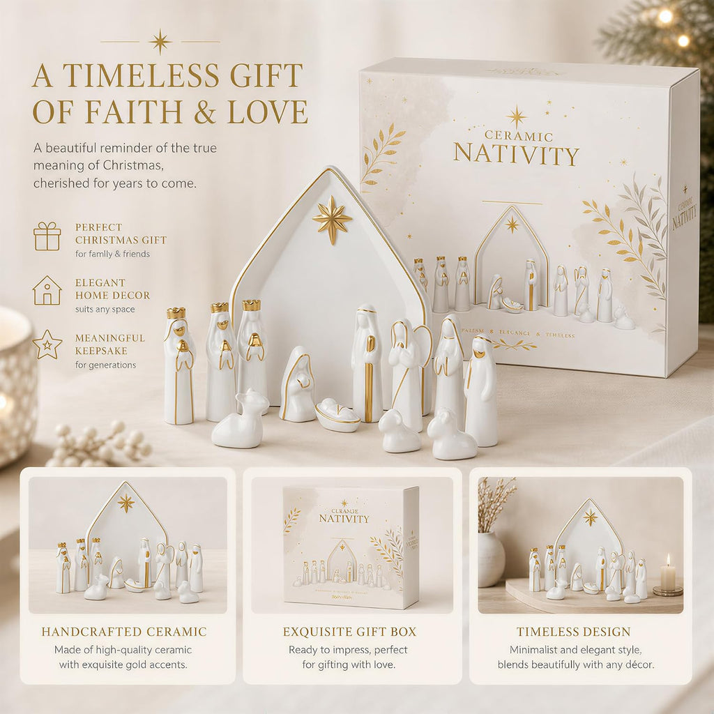 Ceramic 13Pcs Nativity Scene Set with Gold Trim