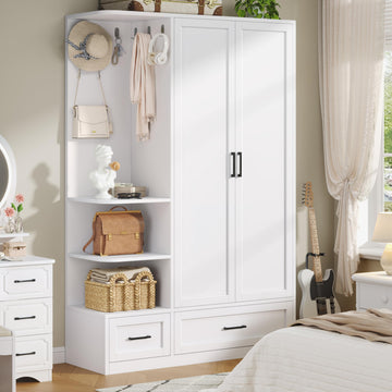 Armoire Wardrobe Closet with 2 Drawers, 70" Tall Clothing Storage Cabinet with Hanging Rod, 3 Open Shelves & 5 Hooks