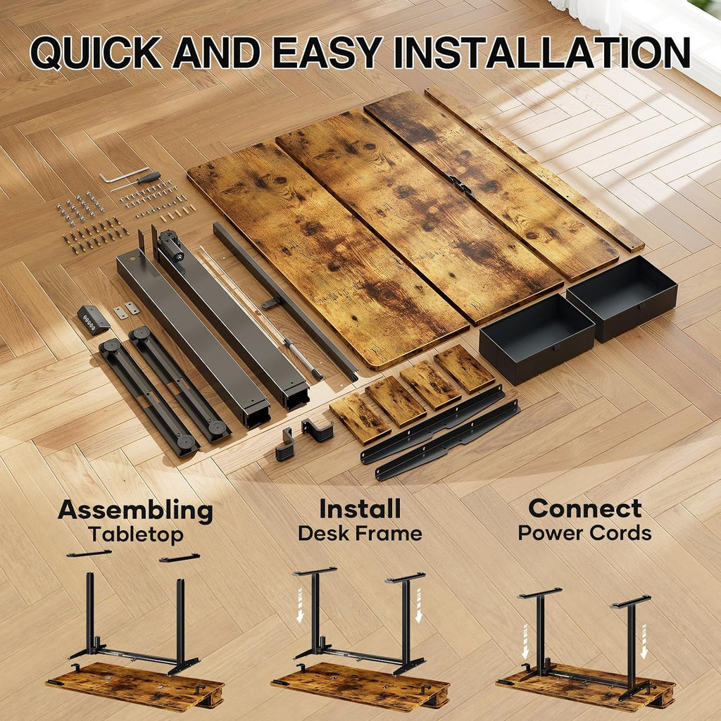 47x28 in Electric Standing Desk with Drawers, Adjustable Table, Brown | Stand up Computer Desk , Work & Study, with