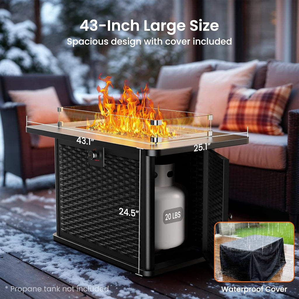 43 Inch Propane Fire Pit Table, 60,000 BTU Gas Fire Pit with Premium Glass Rocks, Wind Guard Glass Shield, Waterproof Cover, Cup Holders, Fire Table - Image 6