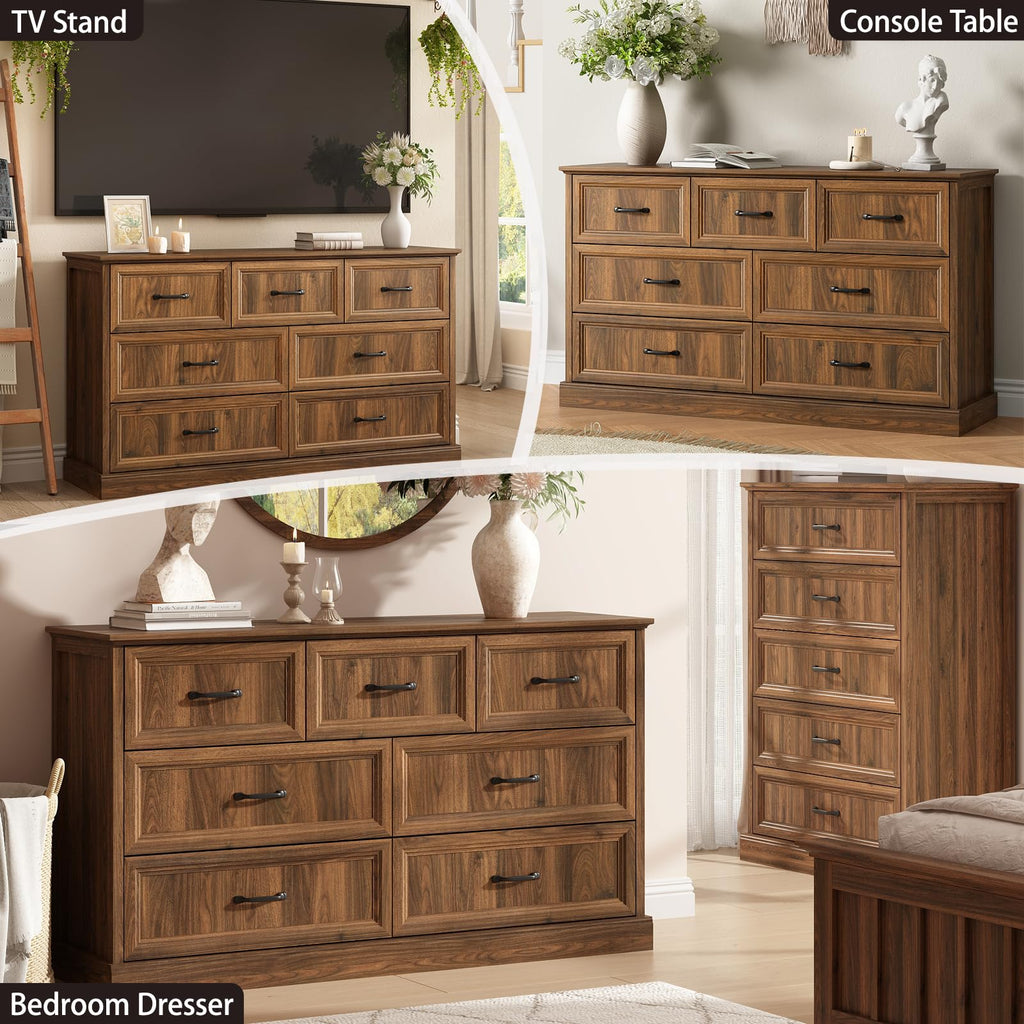 Farmhouse 7 Drawer Dresser, 55" Walnut Dresser with TV Stand