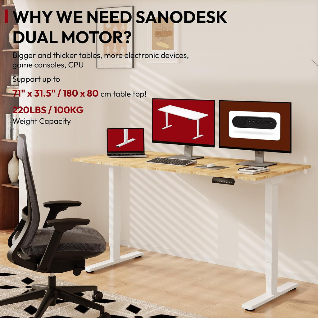 Solid Bamboo Dual Motor Standing Desk, 220 lbs, 60 * 30 | One-Piece Top, 3-Stage Sit Stand Desk with 4 Memory