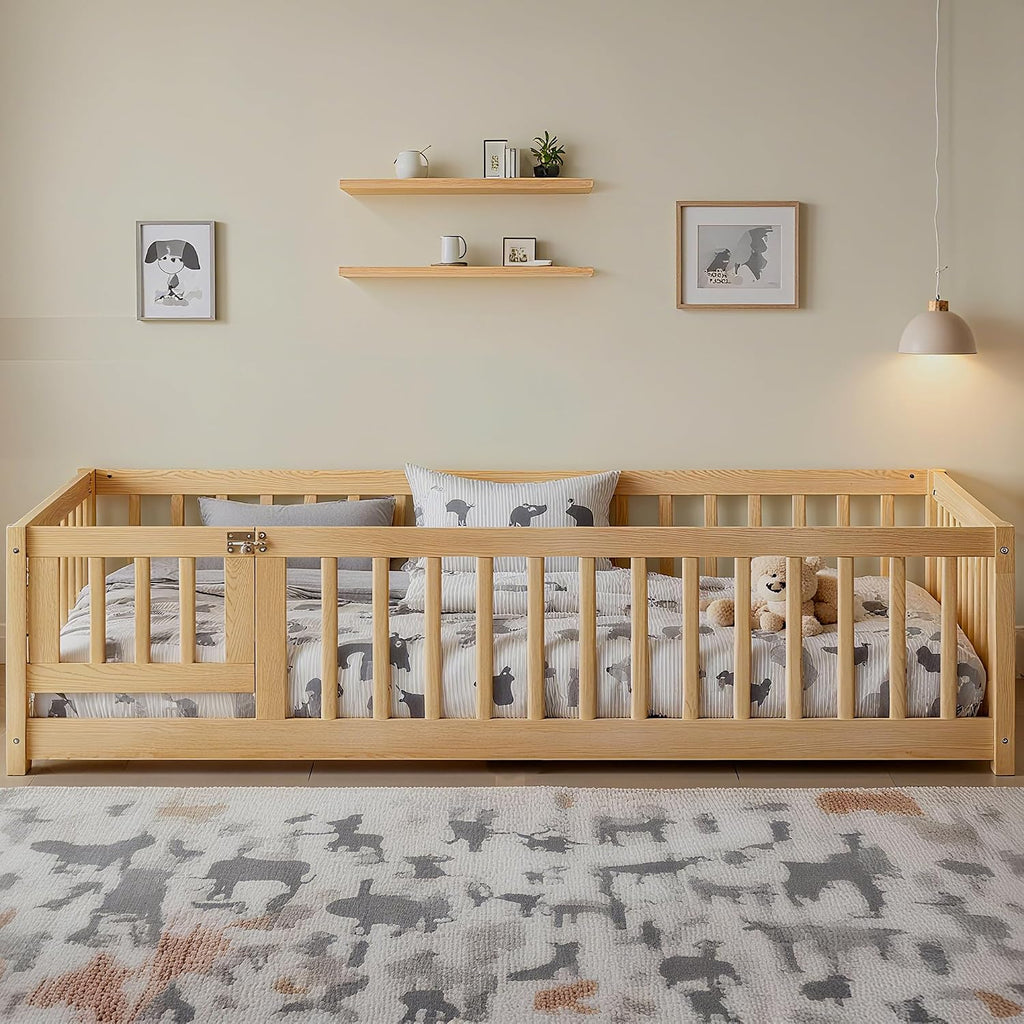 Montessori Twin Floor Bed Frame with Fence and Removable Door, Low Profile Twin Size Montessori Bed Frame for Kids