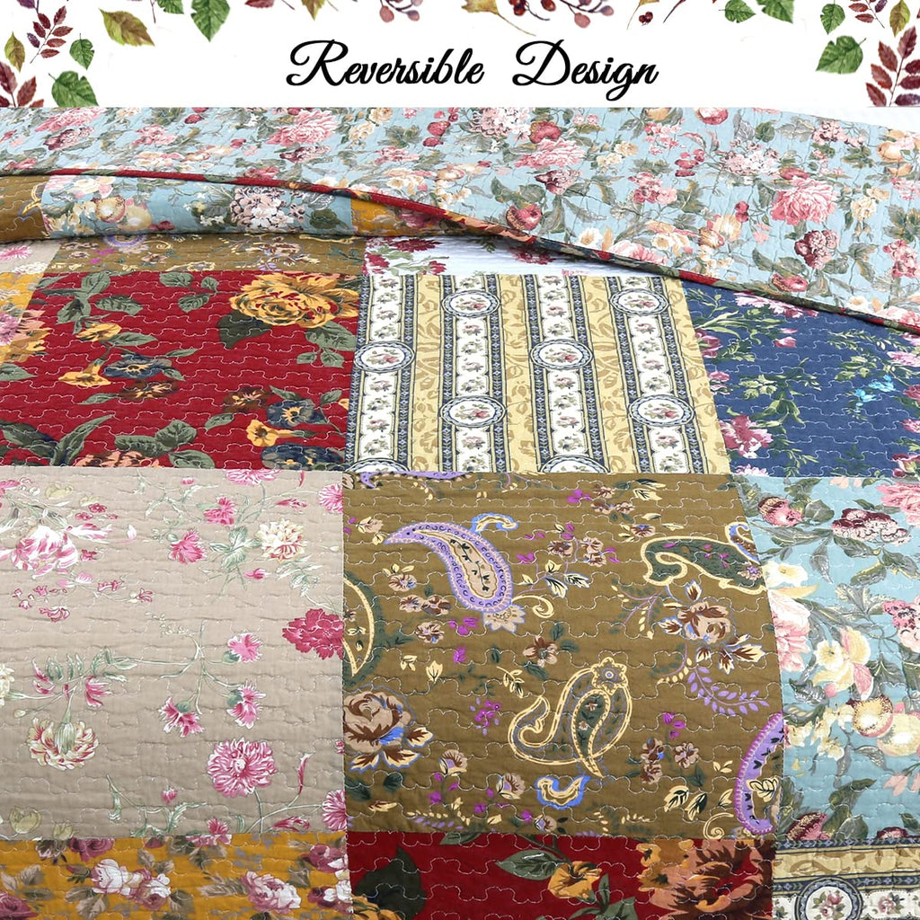 100% Cotton Hand Piecing Real Patchwork Floral Plaid Country Farmhouse Reversible Quilt Bedding Set Coverlet