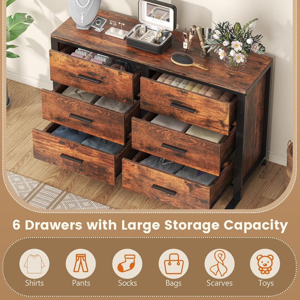 Rustic Brown Dresser, Wide Wood Dressers Furniture with 6 Wooden Drawer and Metal Frame, TV Stand with Deep Drawer