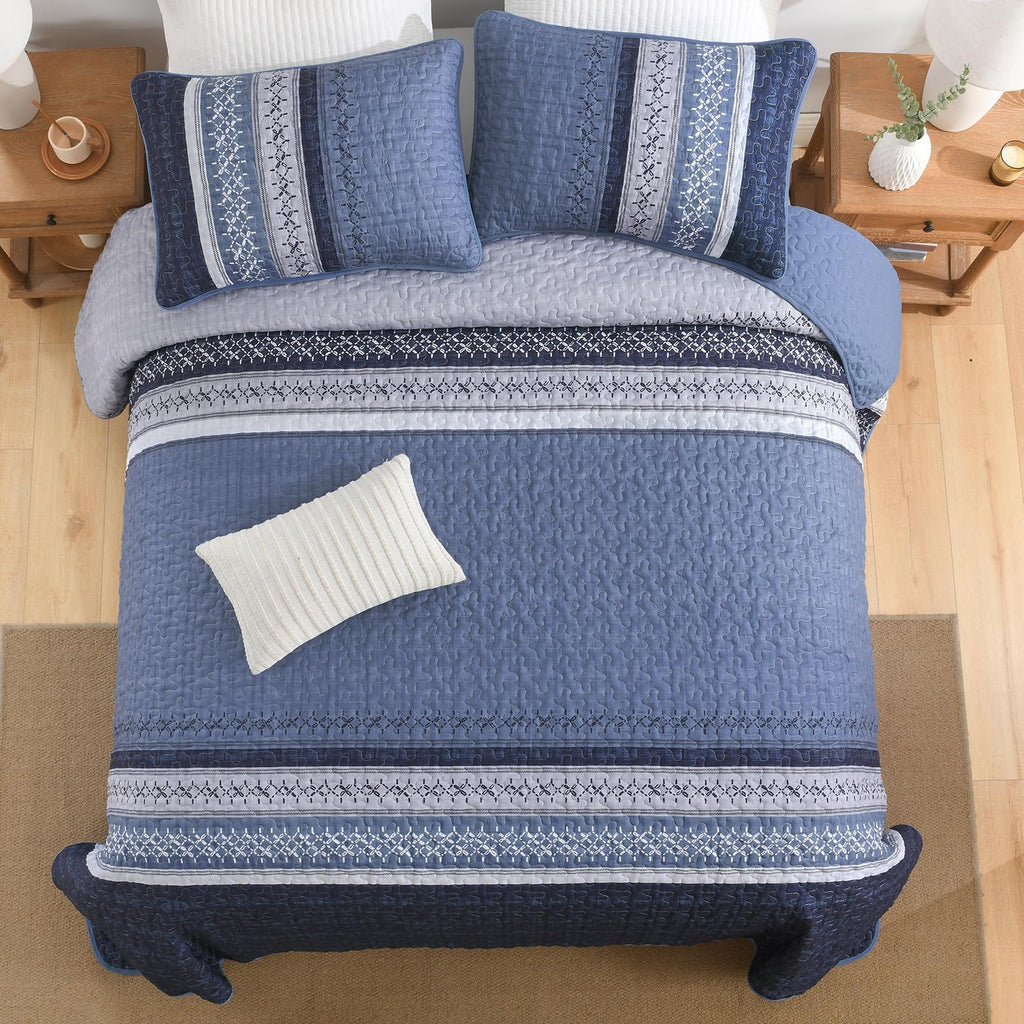 Quilt Bedding Set, Navy Blue Patchwork Striped Bedspread