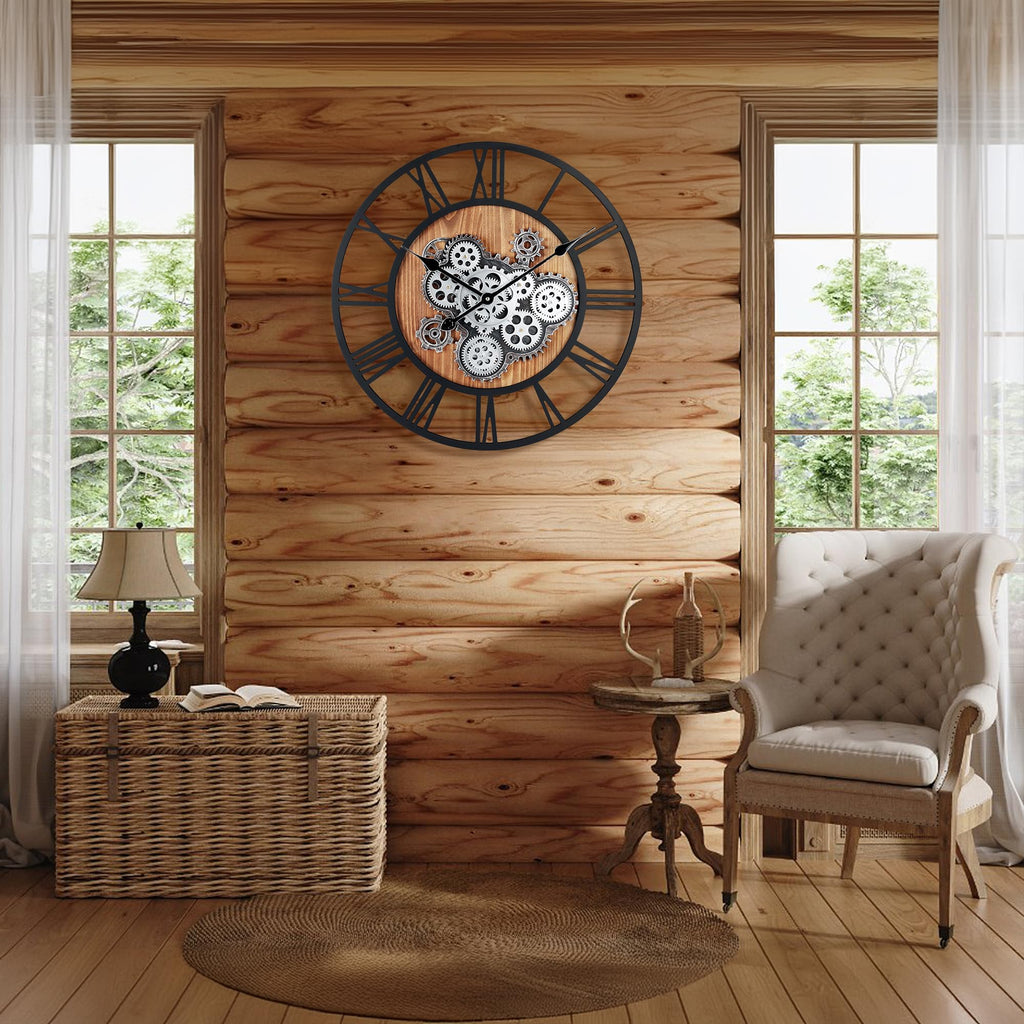 23 Inch Steampunk Large Wall Clock with Moving Gears Wooden Brown