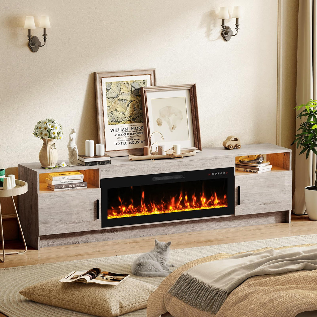 Electric, 80" TV Fireplace Stand Entertainment Center Console with 42" Electric Heater, LED Light/Storage Cabinet