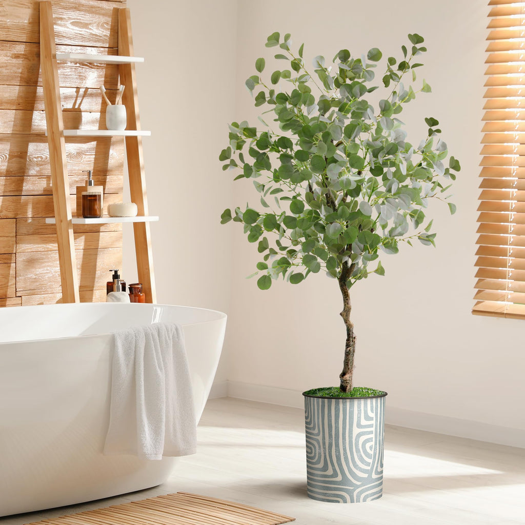 Artificial Tree in Geometric Pattern Planter, Fake Eucalyptus Silk Tree for Indoor and Outdoor Home Decoration - 57"