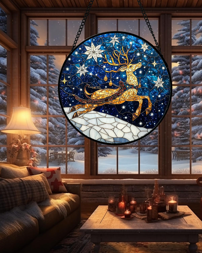 Stained Glass Window Hanging - Reindeer Blue Starry Sky Suncatcher for Doors Home Christmas Decoration Winter